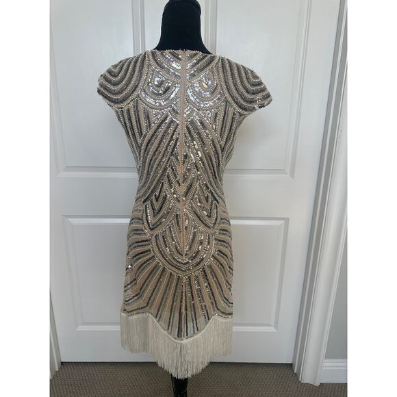 Vintage 20’s Silver and White Beaded and Sequins Flapper dress with Fringe - Picture 4 of 9